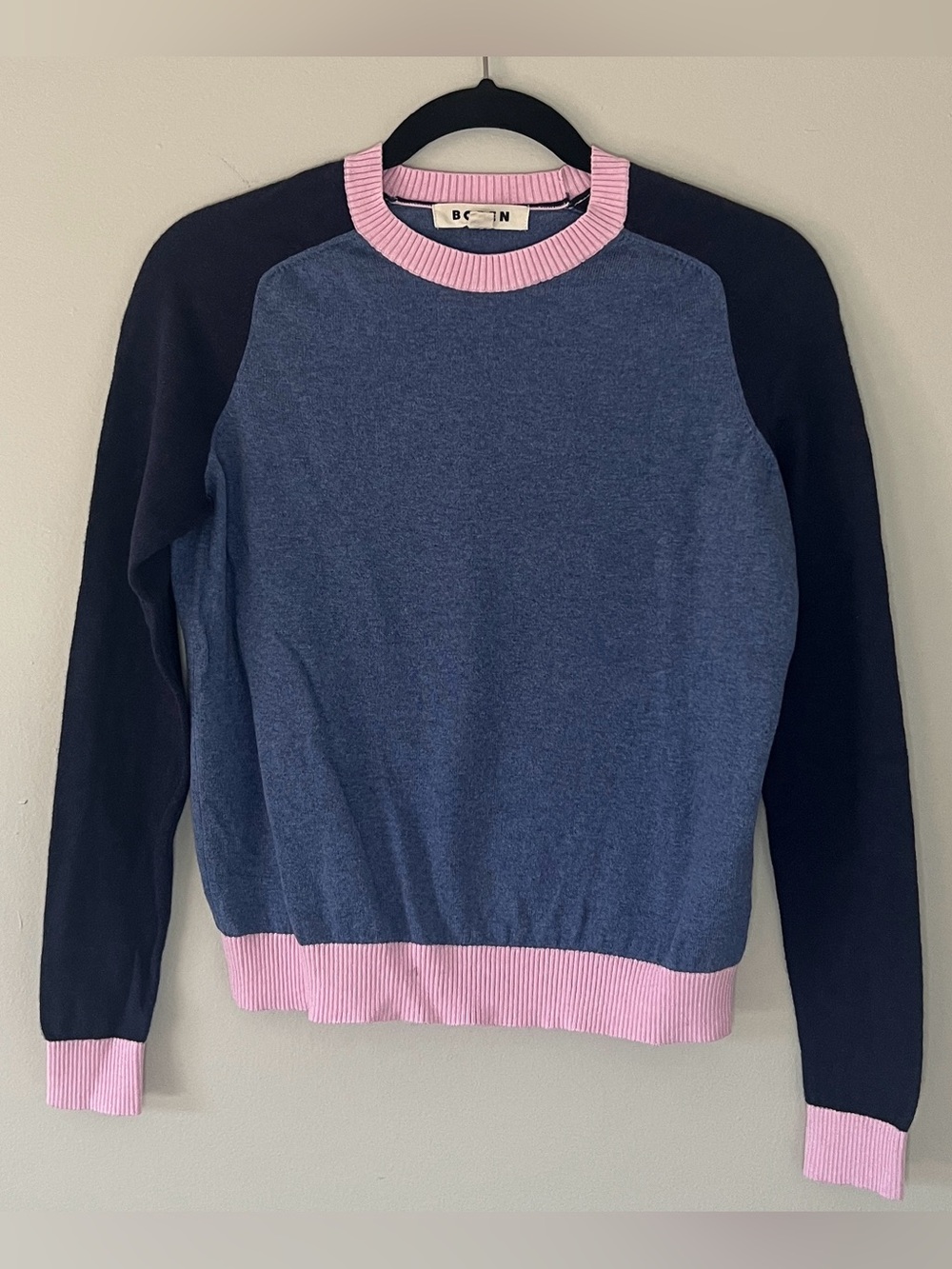 Boden Meg Saddle Sleeve Jumper Colorblock Sweater Blue Pink Cotton Cashmere XS